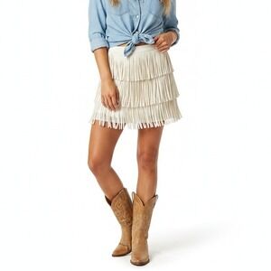 DejaVu Western Fringe Mini Skirt Cream Tiered Festival Coastal Cowgirl Size S
